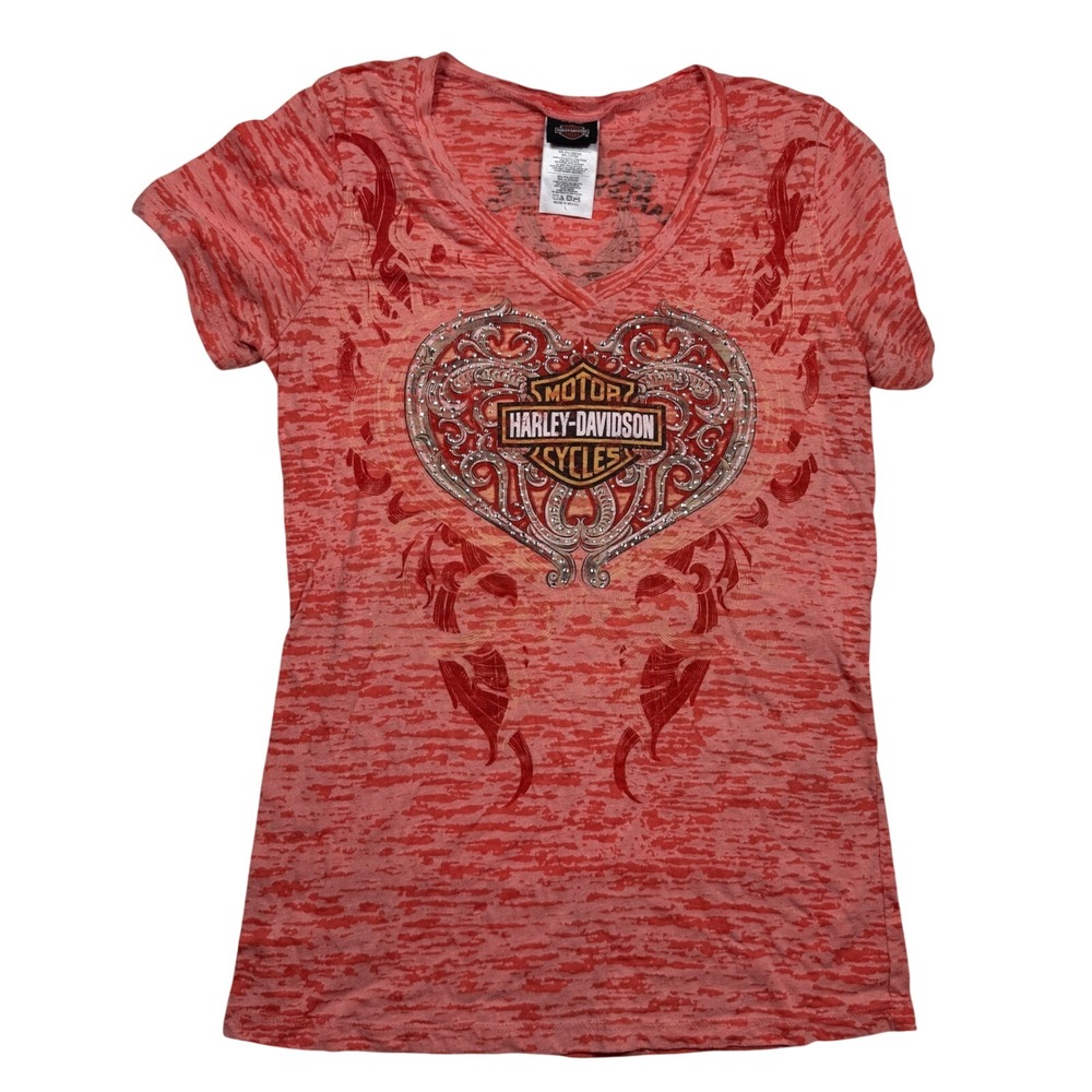 Vintage Y2K Harley Davidson‎ Womens T Shirt Top V Neck Heart Graphic Coral Large